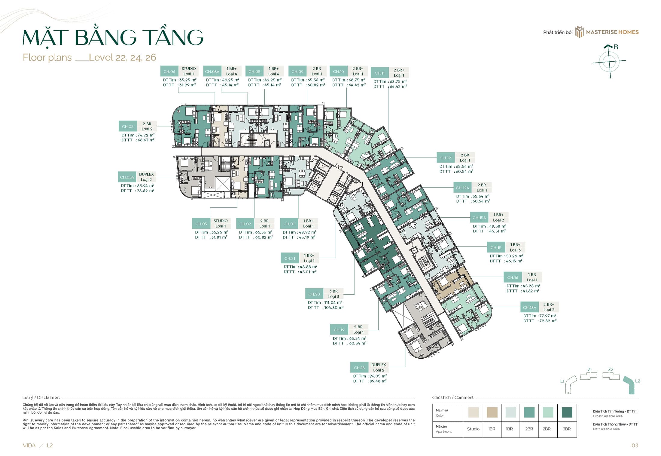 Mặt bằng điển hình Tầng 22, Tầng 24 và Tầng 26 tòa L2 Vida dự án căn hộ Lumière Midtown.