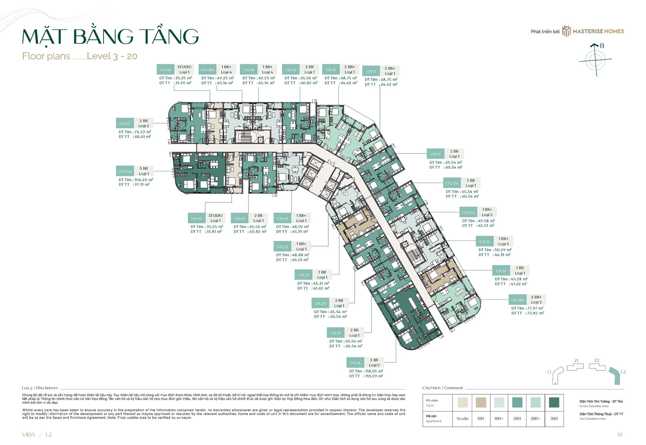 Mặt bằng điển hình Tầng 3 đến Tầng 20 tòa L2 Vida dự án căn hộ Lumière Midtown.