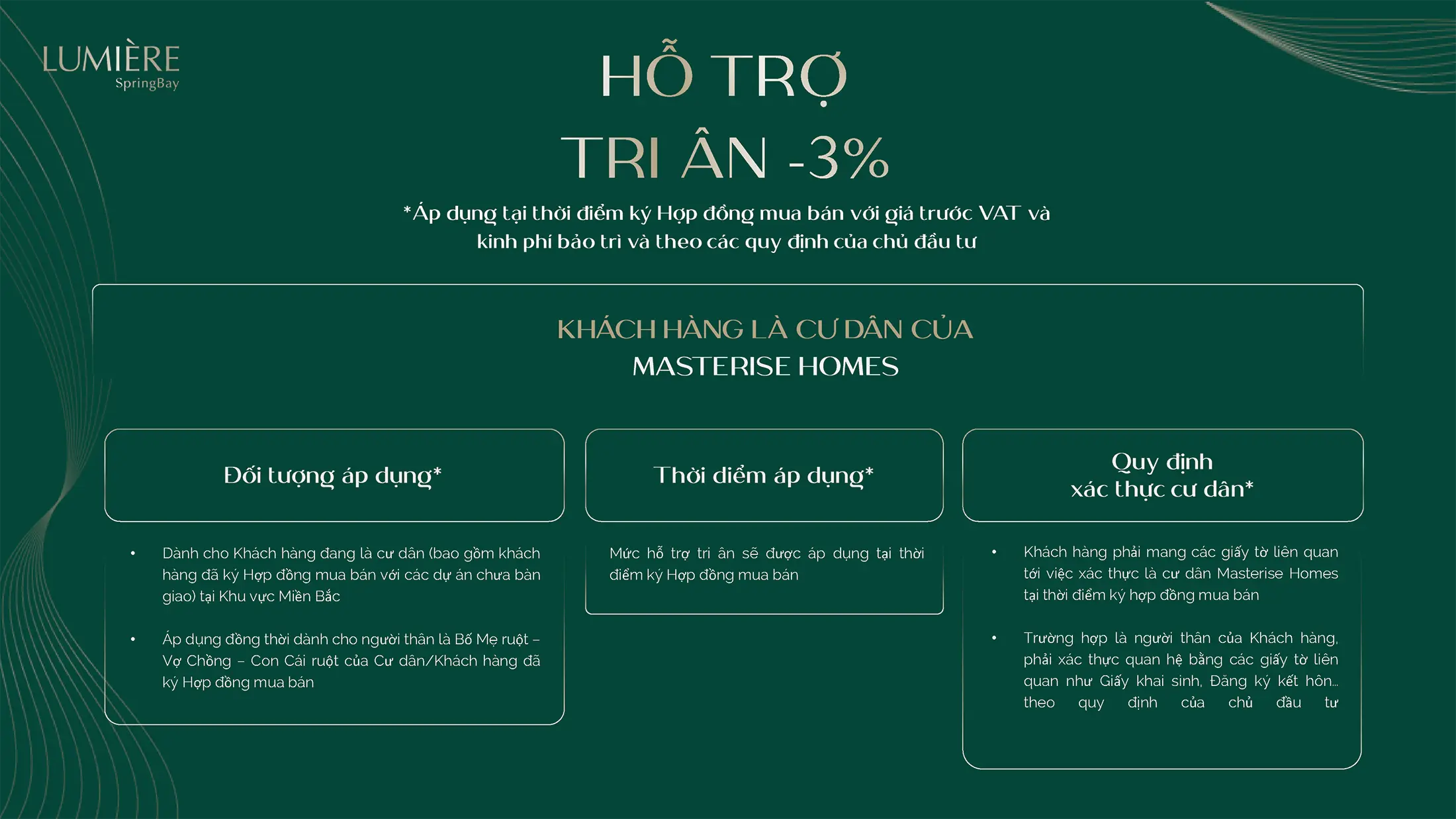 Khách hàng đã là cư dân hoặc có Người Thân đã mua ở các dự án của Masterise Homes sẽ được chiết khấu thêm 3% khi mua căn hộ Lumière Spring Bay.
