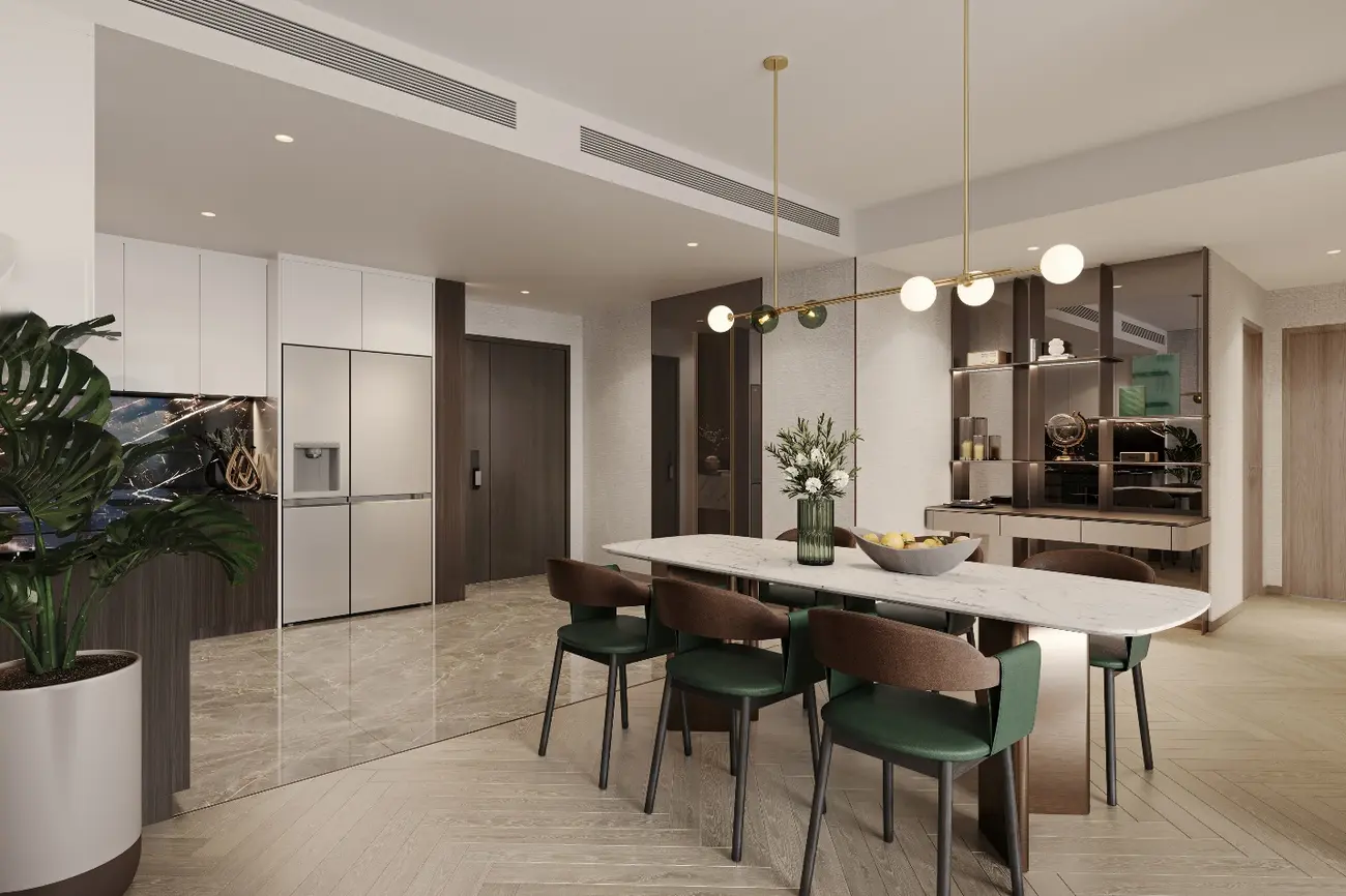 Không gian phòng bếp và ăn uống sang trọng, tiện nghi tại Căn Hộ Lumière Midtown.